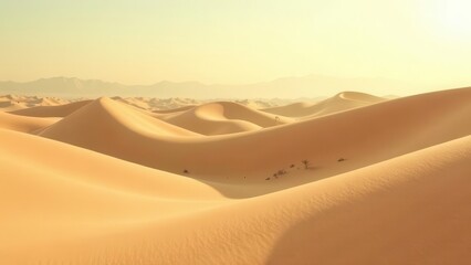Vast golden sand dunes stretch across the horizon, illuminated by soft sunlight, creating a tranquil and serene atmosphere, with gentle curves and textures enhancing the natural beauty