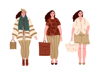 Outfit for overweight girls. Casual clothing for summer, autumn, winter time set. Plump girl stands in fashionable clothes with different seasons clothes, modern street style. Flat vector illustration