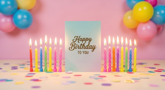 "Happy Birthday to You" greeting card surrounded by lit colorful birthday candles, festive decorations, balloons, confetti on pastel background - Powered by Adobe
