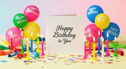 "Happy Birthday to You" greeting card surrounded by lit colorful birthday candles, festive decorations, balloons, confetti on pastel background