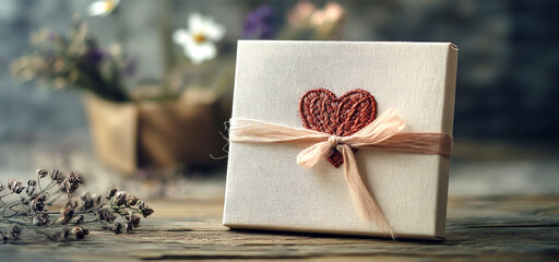 Present with love heart decoration and delicate ribbon rests on a weathered wood surface