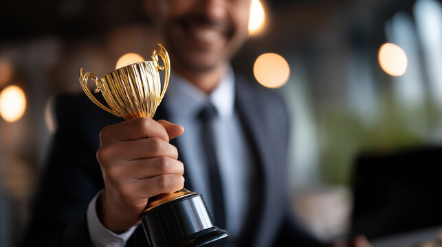 Celebratory moment with accomplished individual holding prestigious award faceless businessman defocused recognition background trophy representation scene remarkable