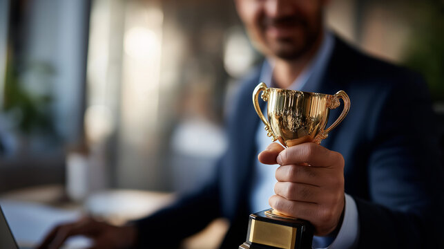 Celebratory moment with accomplished individual holding prestigious award faceless businessman defocused recognition background trophy representation scene remarkable