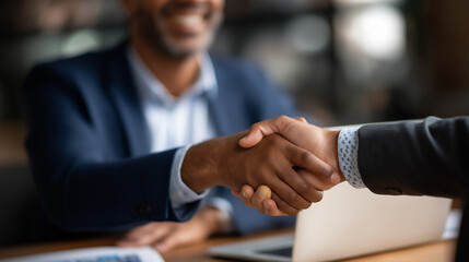 Handshake between colleagues with laptop in boardroom faceless men managers defocused meeting background smile for accomplished media campaign achievement gesture scene victor