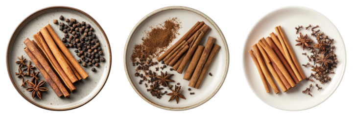 An overhead shot of spices on three plates. The image shows cinnamon sticks, star anise, cloves, and black peppercorns, all arranged on individual plates.