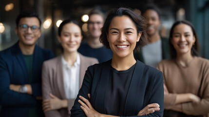 Collective of accomplished multiethnic corporate team faceless business professionals defocused office background diverse workforce scene successful collaboration display