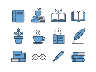 Collection of blue education and learning themed icon illustrations