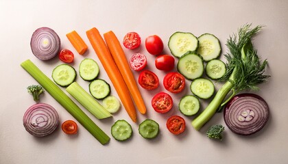 freshly sliced vegetables arranged artistically on a light background