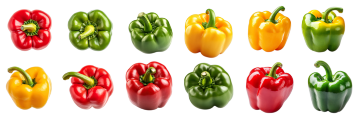 A top-down image showcases a variety of bell peppers, each with a different color, arranged in a row. They look fresh and delicious, ready to be used in a flavorful dish.