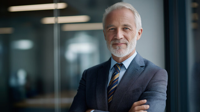 Accomplished mature corporate professional observing camera with confidence faceless businessman defocused executive background assured demeanor display leadership presence - Powered by Adobe