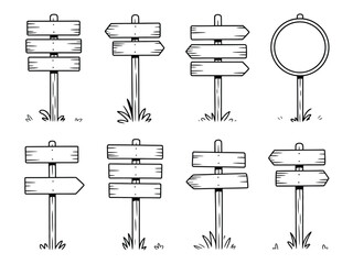 Collection of eight hand drawn wooden signpost illustrations