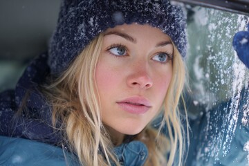 A young woman is clearing snow from her car window on a cold winter day surrounded by snow