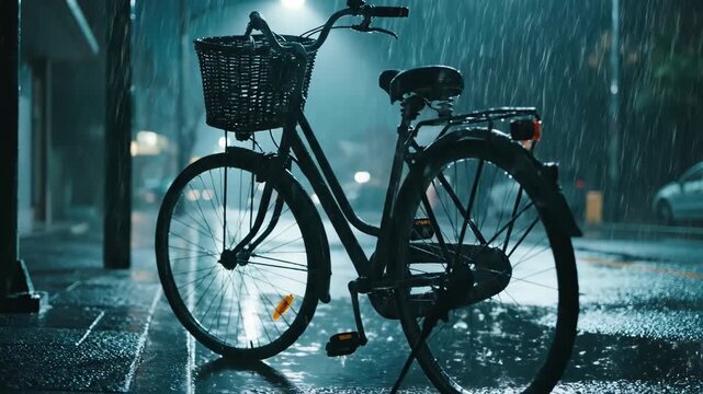 Bicycle parked on urban street during rainy night. Wet pavement reflects streetlight glow in downpour. Atmospheric city weather scene with front basket detail.