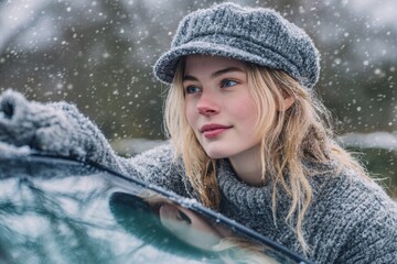 In a peaceful winter setting, a child is happily playing outdoors while snowflakes descend from the sky