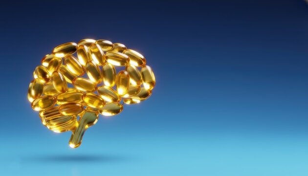 Cognitive Health and Nutrition Concept: Golden Omega-3 fish oil capsules arranged in a brain shape on blue gradient background.