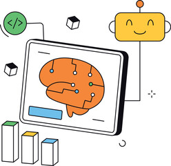 Ai brain processing data with connected robot isometric flat vector illustration
