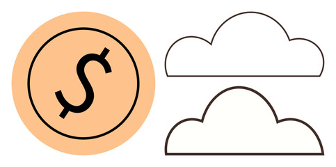 Dollar coin in orange circle alongside two outlined clouds highlighting cloud computing, digital finance, and commerce. Ideal for business, fintech, economy, savings, technology, innovation simple