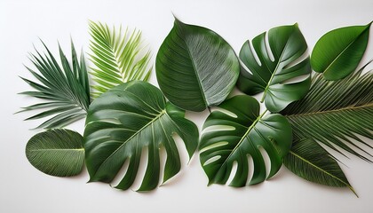 lush tropical leaves arranged on a white background