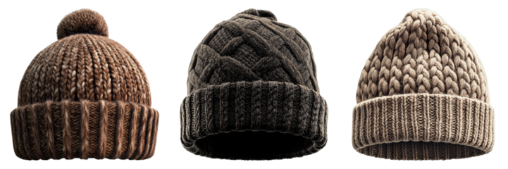 Three knit hats in various shades of brown and gray are displayed, showcasing their textures and designs. The hats sit next to each other, highlighting their individual details and warm.