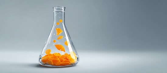 Glass flask with orange liquid laboratory science equipment research chemistry lab