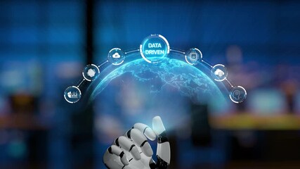 A futuristic robot hand reaches out towards a dynamic data-driven concept, highlighting global technology connections and digital icons in a modern workspace setting. Synapse - Powered by Adobe