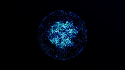 Dynamic abstract data sphere filled with glowing blue particles in motion. Futuristic loop animation concept for technology, science, or digital network backgrounds.