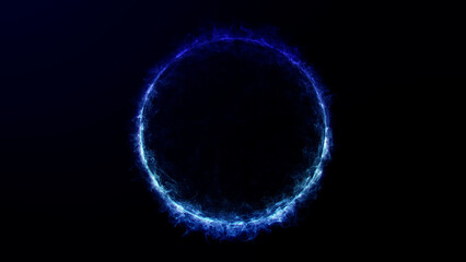Energy ring glow with digital plasma flow in dark space creating a sci-fi circle made of electric particles in seamless 4K loop