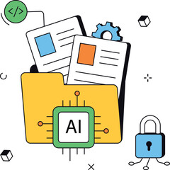 Ai data protection with folder and documents isometric flat vector illustration