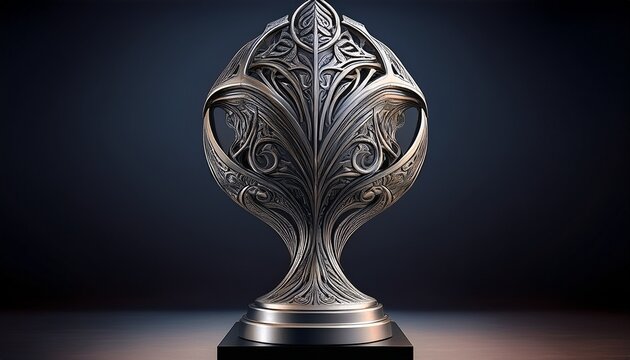 abstract sculpted trophy award intricate silver dark metal form openwork design dark base