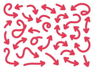 Collection of hand drawn red arrows pointing in various directions