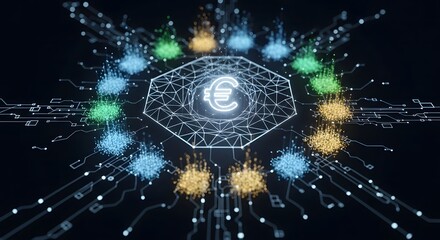 Futuristic concept of the digital Euro, a central bank digital currency (CBDC) glowing within a complex blockchain network