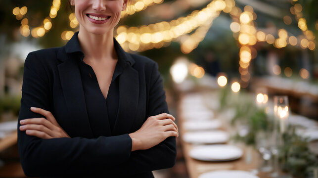 Professional event coordinator posing in beautifully arranged venue faceless organizer defocused decorated background arms crossed confidently scene successful management