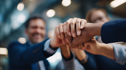 Enthusiastic collective of corporate professionals fist bumping and applauding faceless business people defocused contemporary office background celebrate successful deal