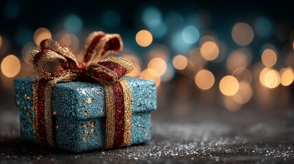 Gift box with a shimmering bow against a blurred bokeh background