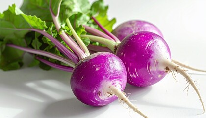 Fresh Purple Radishes with Green Leaves, Healthy and Vibrant Produce on White Surface