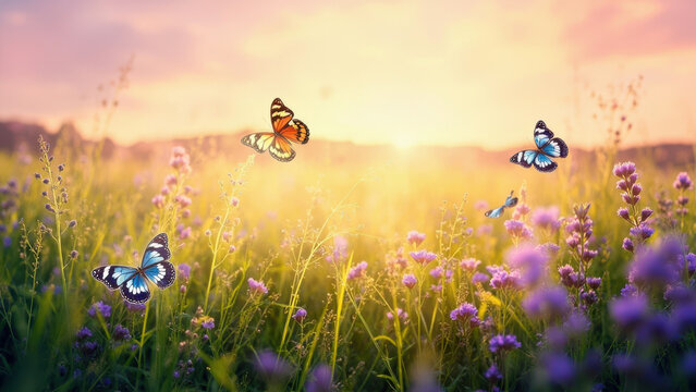 Butterflies flutter over a vibrant meadow at sunset, a beautiful nature scene