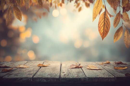 A serene outdoor setting is created by the blend of autumn leaves and a rustic wooden table, which fosters a cozy atmosphere