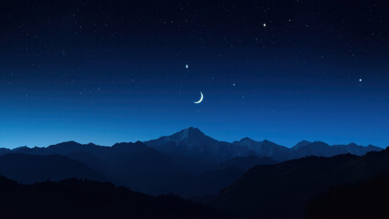 night sky over mountain range with crescent moon and stars
