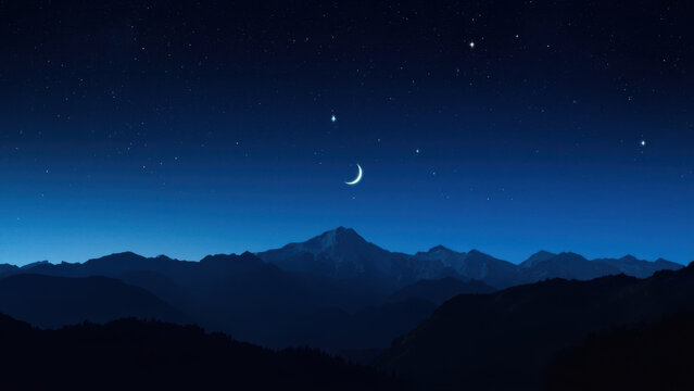 night sky over mountain range with crescent moon and stars