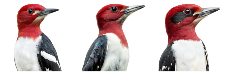 Three red-headed woodpeckers are in a row. They each have a bright red head, a black and white body, and a sharp beak.