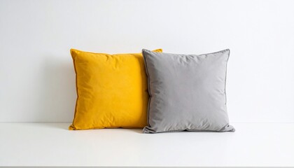 Two plush pillows in sunny yellow and muted gray against a stark white backdrop