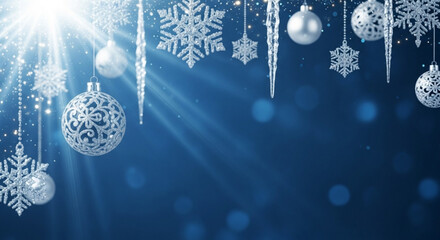 Magical winter wonderland scene featuring sparkling snowflakes, crystal ornaments, and glittering icicles shining with festive holiday cheer and enchanting elegance