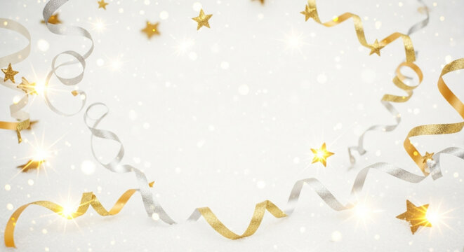 Celebrate New Year's Eve with sparkling gold stars and silver ribbons, perfect for festive invitations and holiday greetings with a touch of elegance