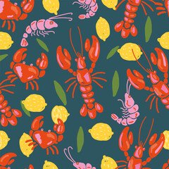 Seafood Pattern with Lobsters Crabs Shrimps and Lemons. Hand Drawn Mediterranean Naive Style Seamless Vector Design
