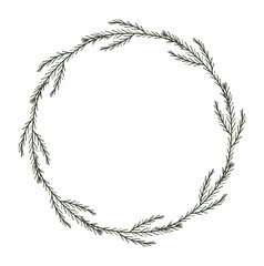Minimal Pine Branch Wreath Hand Drawn Vector Frame for Winter, Christmas or Nature Inspired Designs.