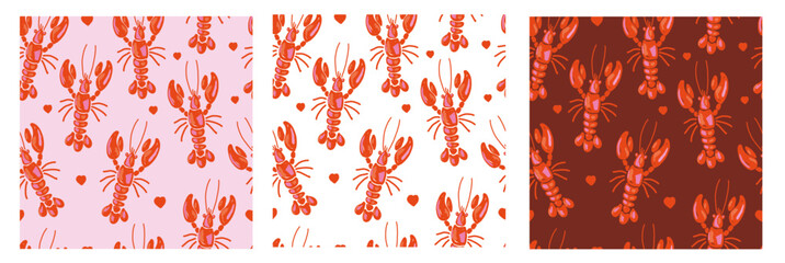 Valentine’s Day Lobster Seamless Pattern Set in Hand Drawn Imperfect Style. Perfect for romantic designs, textiles and wrapping paper.