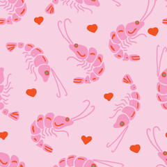 Valentine’s Day Shrimp Pattern in Pink Hand Drawn Seamless Design with Hearts and Whimsical Style.