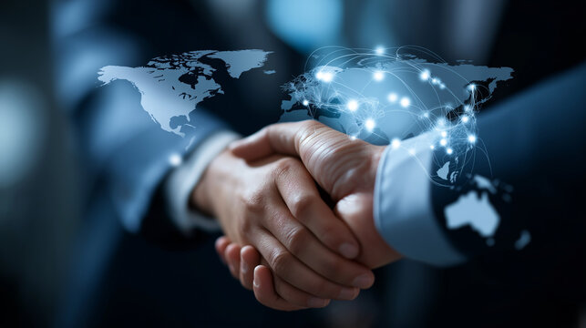 Smart logistics global business concept with professionals making handshake faceless businessmen defocused international background successful business greeting partnership - Powered by Adobe
