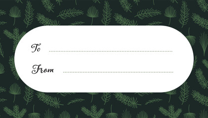 Elegant Gift Tag with Pine Branch Background Minimal Hand Drawn Vector Label for Holiday Wrapping and Seasonal Packaging.