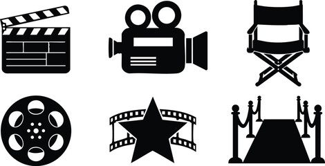 Movie cinema film production icons set with clapperboard camera director chair star and red carpet vector illustration